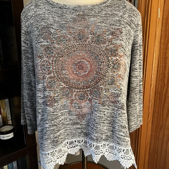 JUNIOR XXL KNITWORKS heathered gray lace back top shirt - Picture 2 of 4